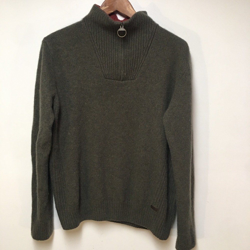 Barbour Quarter Zip 100% Wool Sweater Mens Large Olive Green Ribbed MKN0863GN73